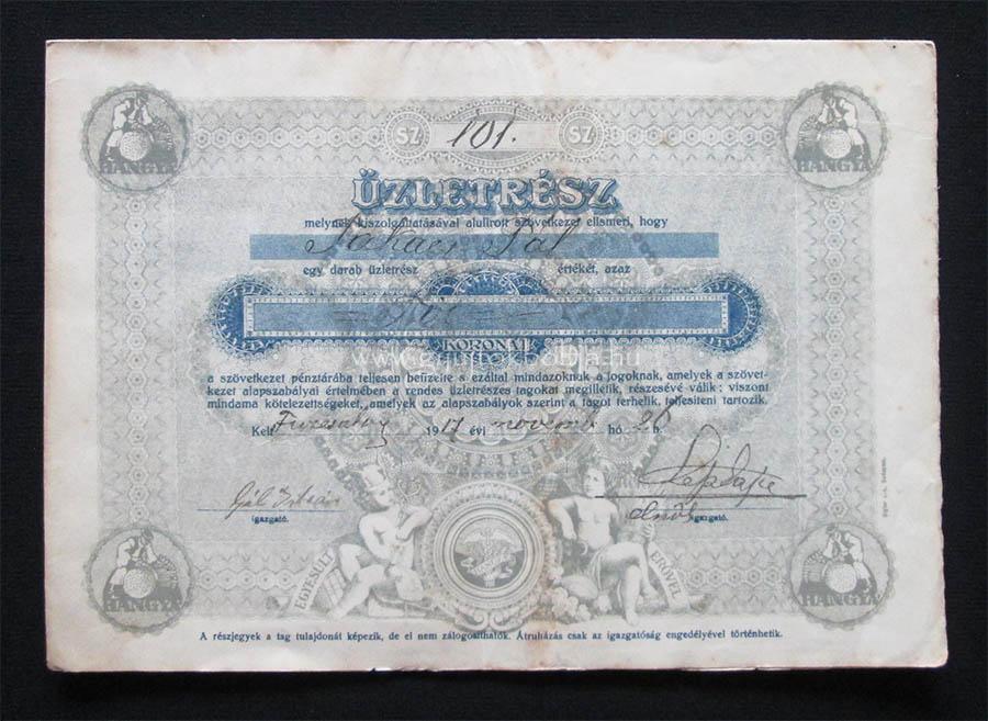 Hangya Szövetkezet üzletrész 10 korona 1917 Füzesabony